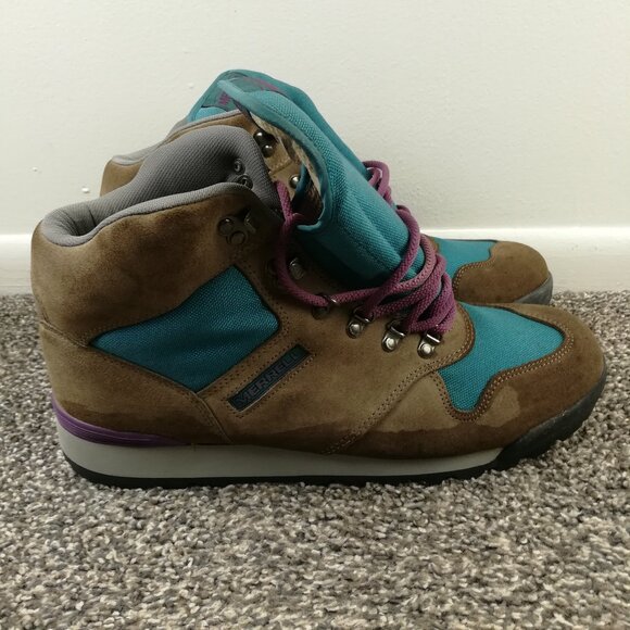 Vintage 1992 Merrell Boots Lazer Suede Leather Canvas Beige Green Men’s Size 12